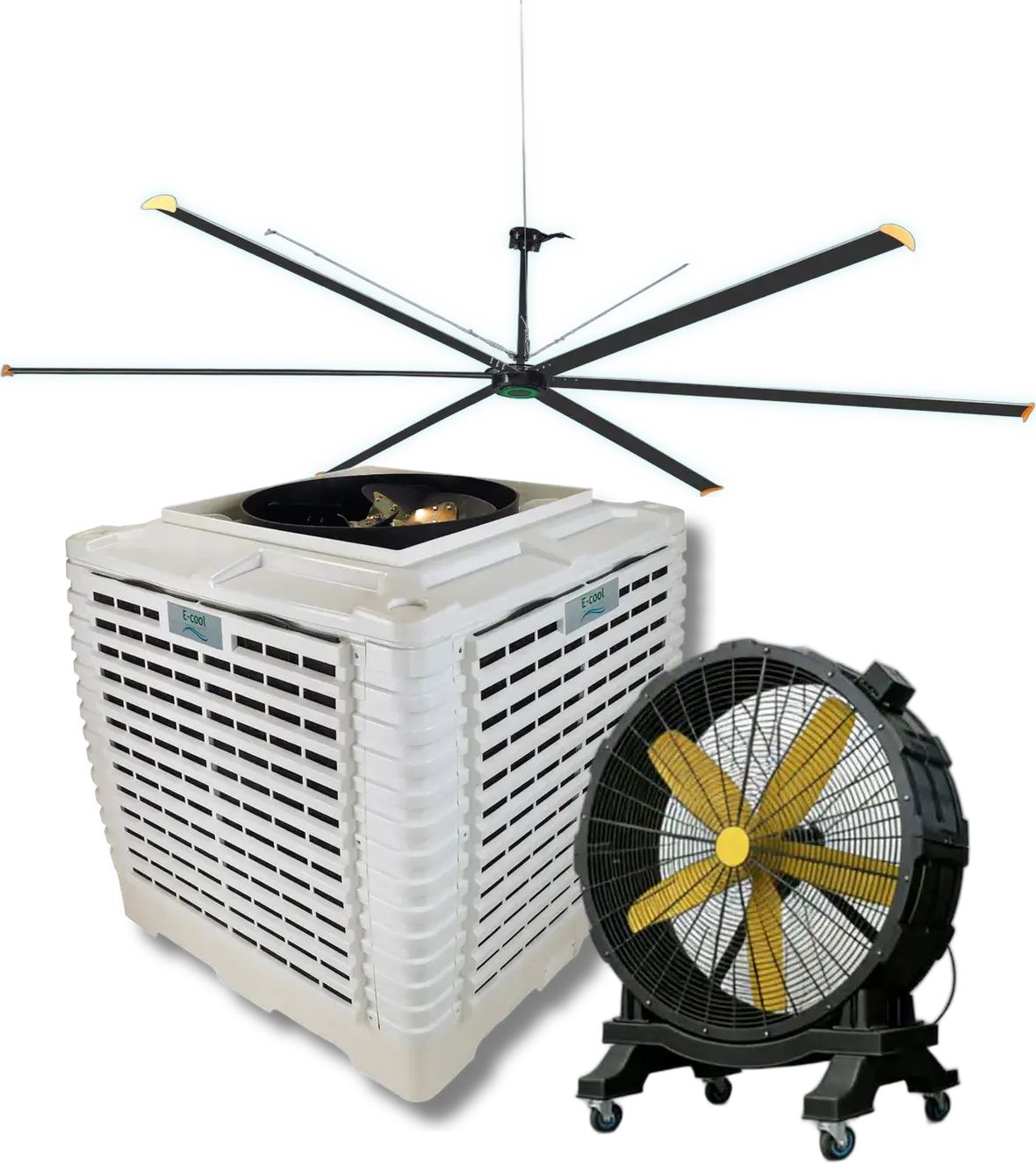 E-cool HVLS ceiling fan, industrial duct air cooler and mobile floor fan